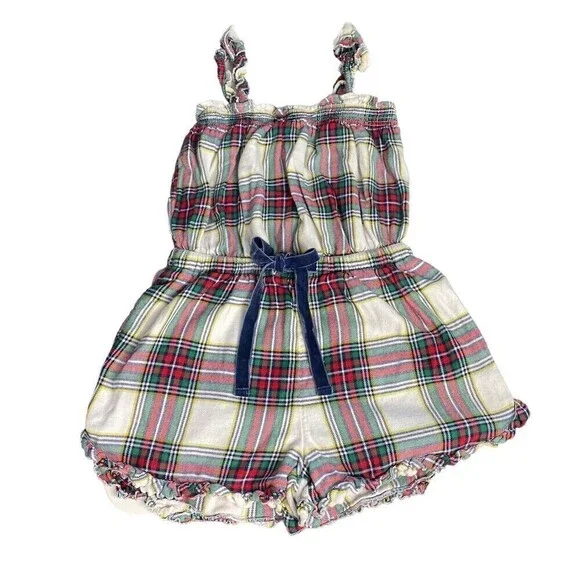 Aerie Romper Womens Medium Multicolor Green Red Flannel Plaid Ruffle Strap - Picture 3 of 11